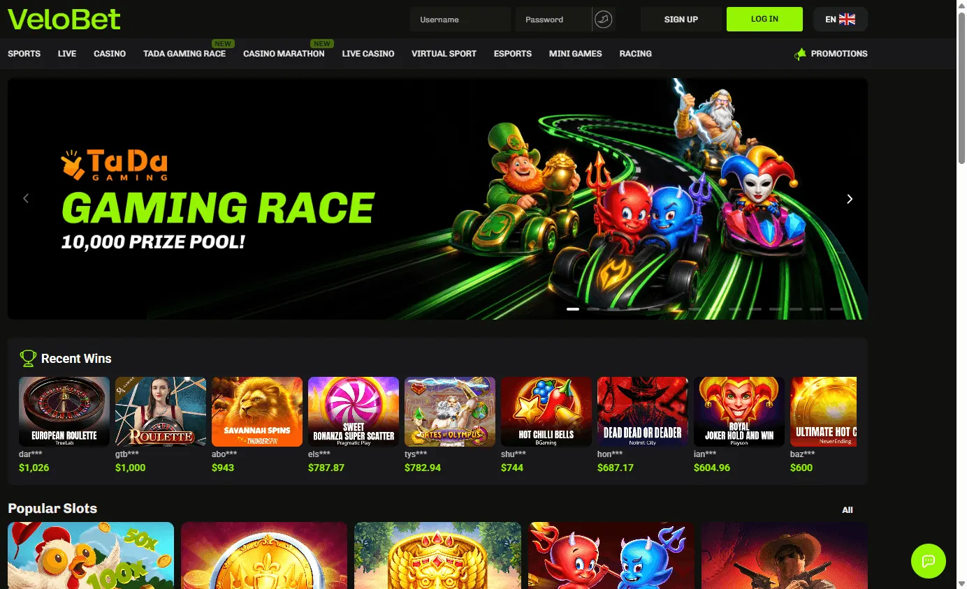 Velobet Casino desktop home screen for Australian players