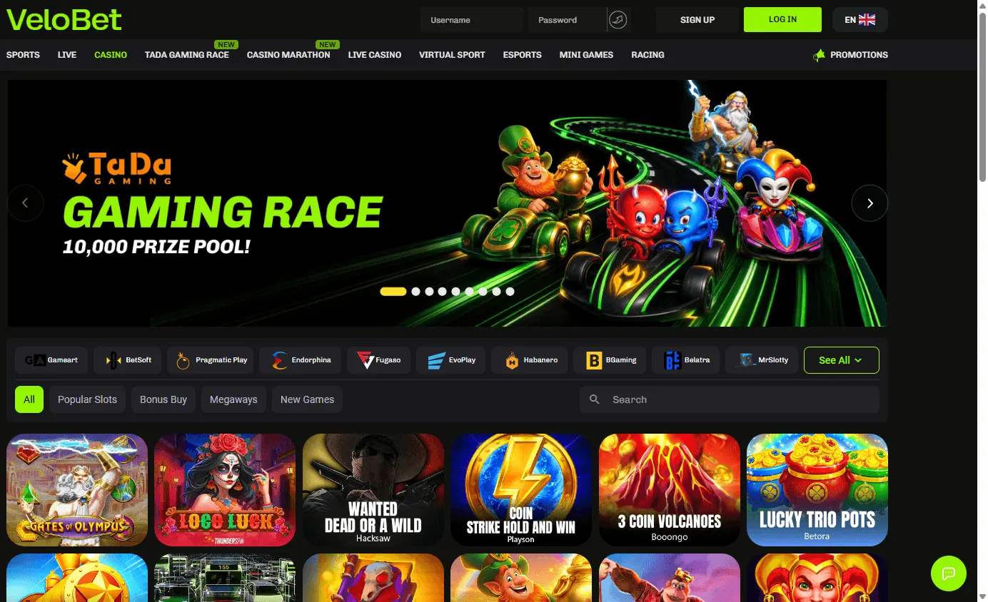 Velobet Casino desktop casino games screen with pokies and live games
