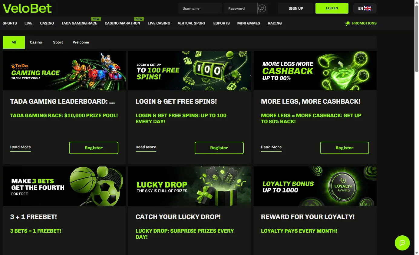 Velobet Casino desktop promotions screen with casino and sports offers